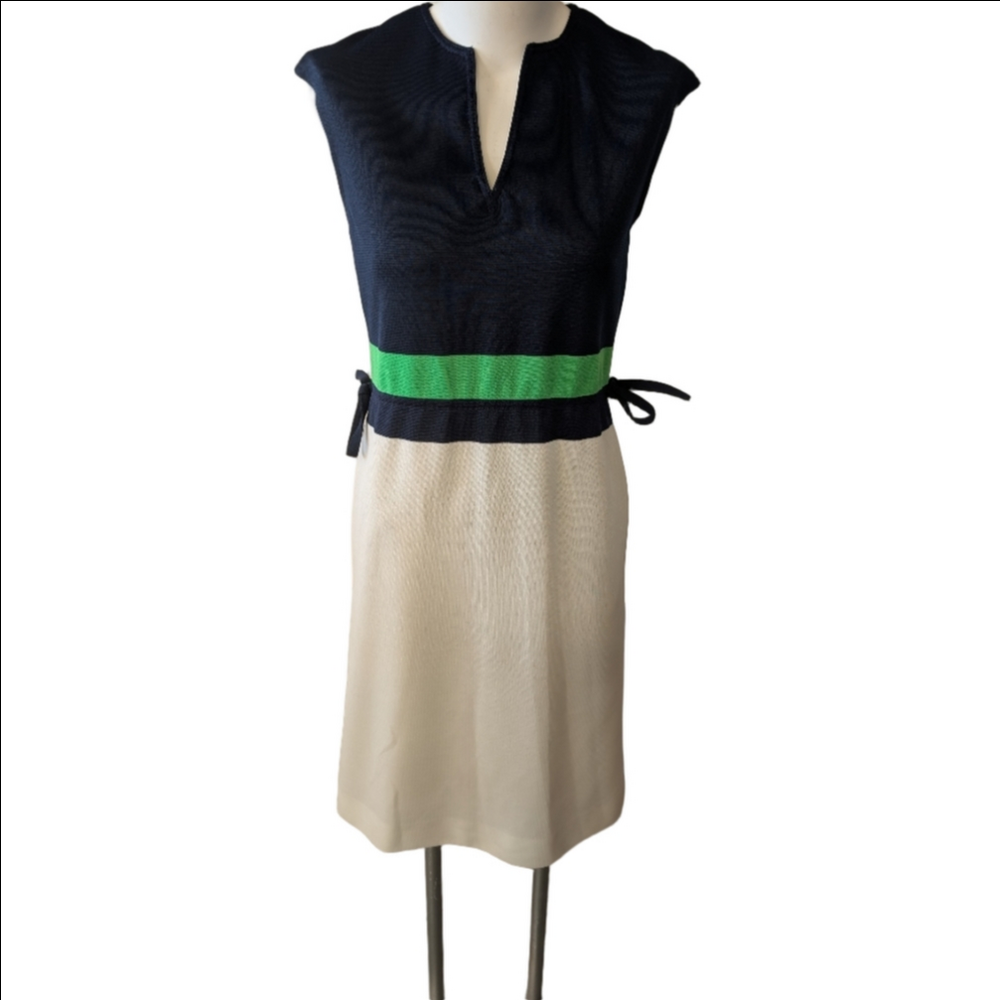 Dress I. Magnin Navy Cream with Green Accent Midi  Vintage
